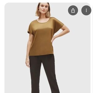 Eileen Fisher Short Sleeve Scoopneck Satin Blouse Shirt Gold Medium
